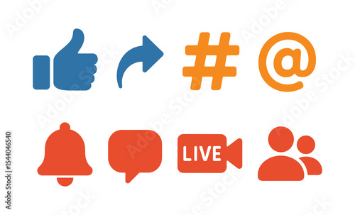 Social media icons: thumbs up, hashtag, mention, alert, message, live video, user profiles