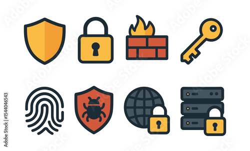 Cybersecurity icons featuring shield, lock, firewall, key, fingerprint, bug, globe, and server
