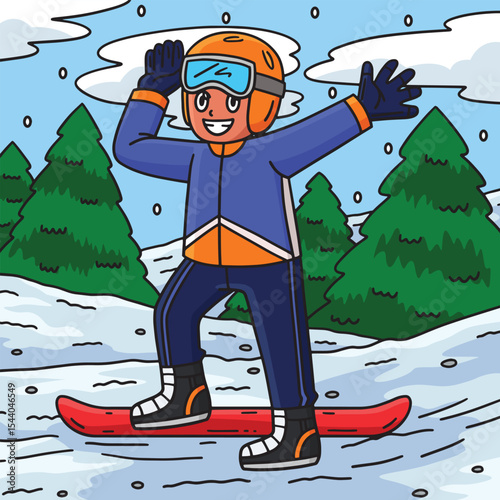 Snowboarding Boy Wearing Goggles Colored Cartoon 