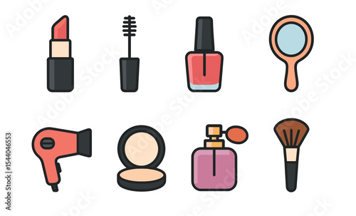Beauty icons: lipstick, mascara, nail polish, mirror, hair dryer, powder, perfume, brush