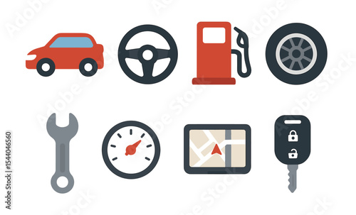 Car maintenance icons set: vehicle, steering, fuel, tire, tools, speedometer, gps, key