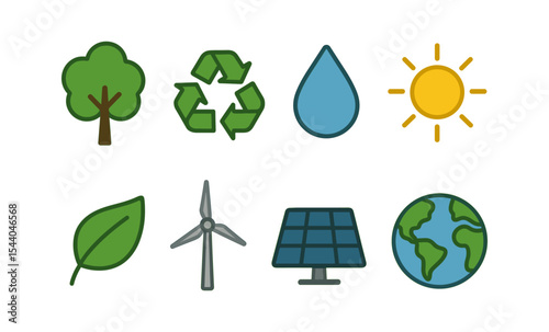 Eco icon set: tree, recycling, water, sun, leaf, wind turbine, solar panel, earth