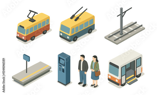 Public transport isometric icons with tram, trolleybus, ticket machine, and passengers