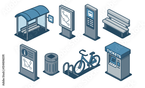 Isometric urban transport icons set: bus stop, ticket machine, bicycle parking