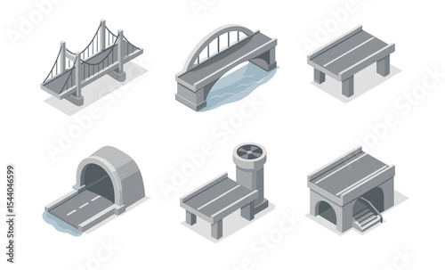 Collection of isometric infrastructure icons: bridges, tunnel, roads, and buildings