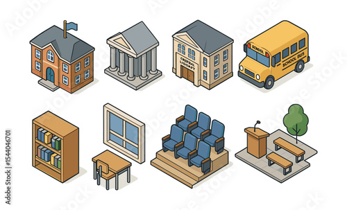 Isometric school elements: bus, buildings, study areas, and lecture setup