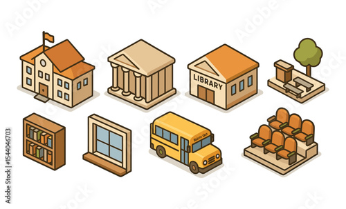 Education icon set: school, library, bus, classroom, outdoor space in isometric design