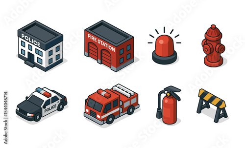 Isometric emergency services icons: police, fire station, patrol car, fire truck, fire extinguisher