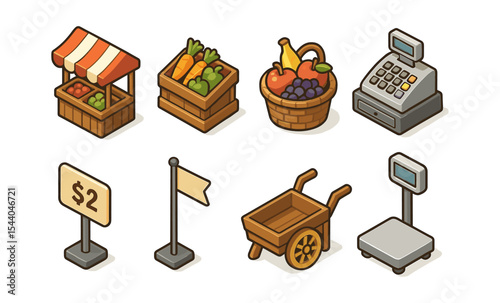 Market icons collection: stalls, produce, cash register, price signs, and scale illustrations
