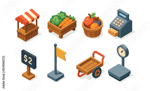 Market essentials: vendor stall, fresh produce, cash register, price sign, flag, cart, scale