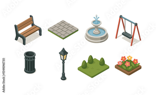 Set of isometric park elements: bench, fountain, swing, lamp, trash can, and more