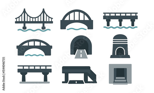 Various bridge and tunnel icons on white background
