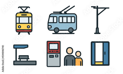 Urban public transport icons: tram, trolleybus, ticket machine, train station, passengers