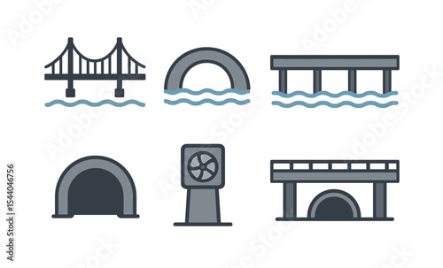 Collection of infrastructure icons: bridges, tunnels, ventilator