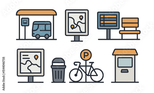 Public transportation icons: bus stop, map, bench, bicycle, parking, trash can