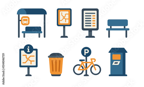Urban transport icons set featuring bus stops, bicycle parking, and information signs