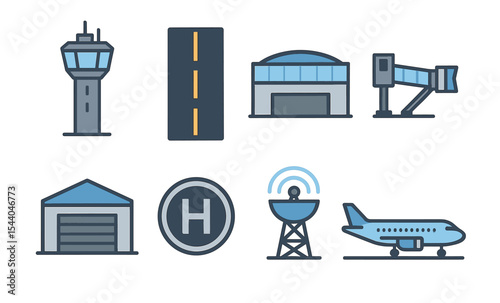 Airport elements: control tower, runway, hangar, jet bridge, helipad, satellite dish, airplane