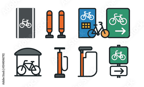 Bicycle infrastructure icons including parking, pumps, and directional signs