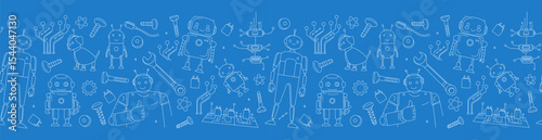 Seamless Doodle Pattern with Robots, Tools, and Microchips STEM and Engineering Theme