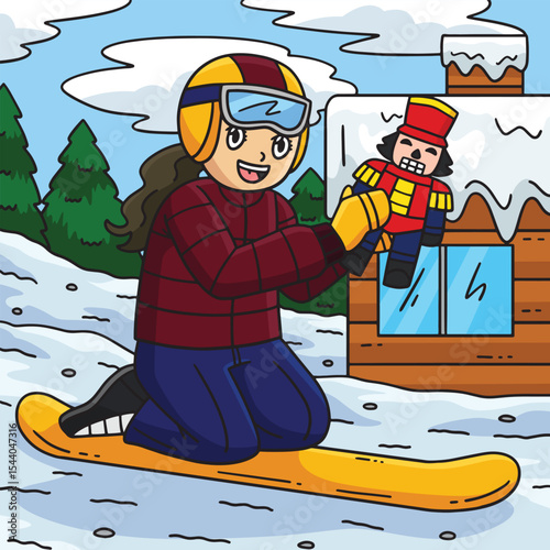 Snowboarding Girl with a Toy Colored Cartoon 