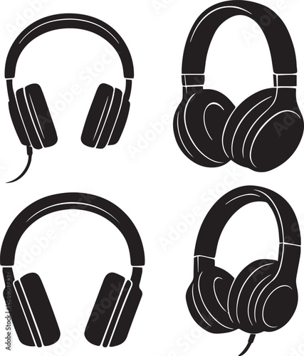 Vector Illustration of Headphones – Modern Audio Device Silhouette Isolated on White Background, front, Side, and Top Views of Wired and Wireless Audio Devices