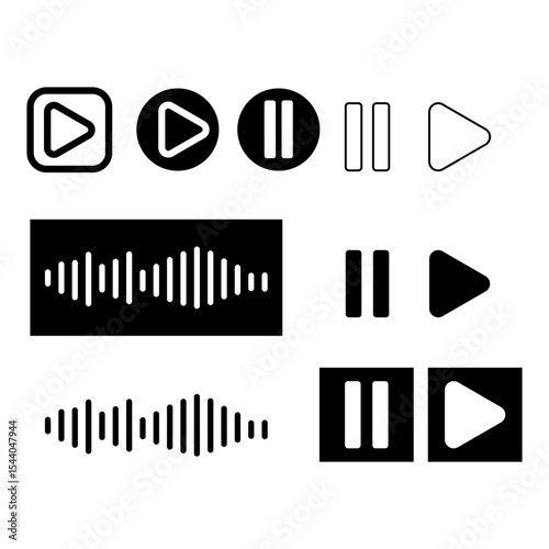 Play, Pause, and Sound Wave Icon Set – Minimalist Media Controls in Outline and Solid Styles