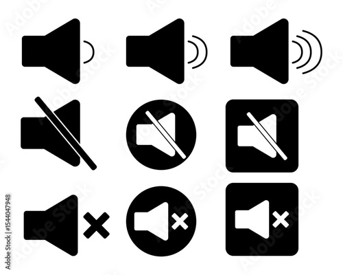 Speaker Icon Set – Volume, Mute, and Sound Symbols – Black Vector Icons