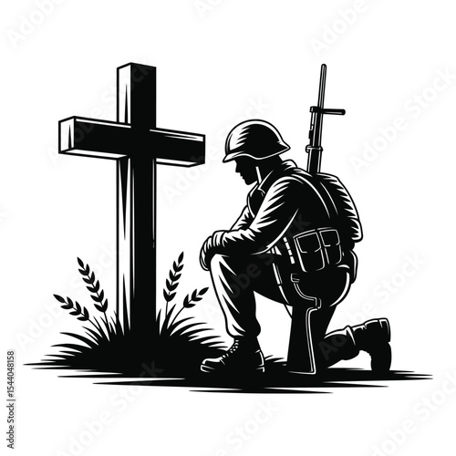 Kneeling soldier at cross silhouette isolated on white background