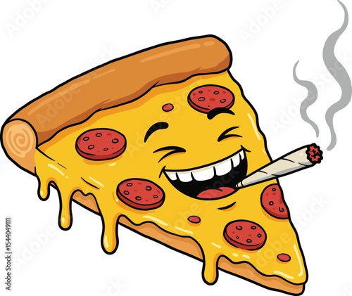 High Cartoon Pizza Slice with Joint and Happy Face, Representing Munchies, Food, and Recreational Themes