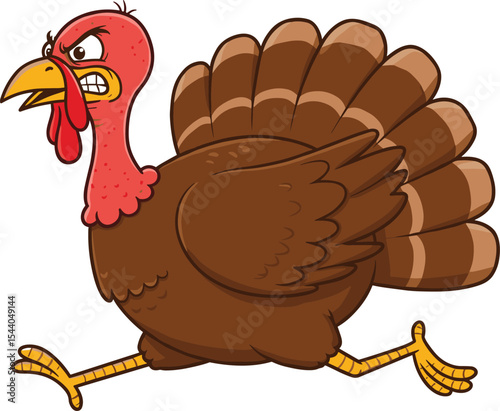 Running Angry Turkey Cartoon Character with Red Face, Perfect for Thanksgiving, Farm Themes, and Humorous Designs