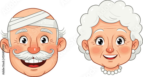 Happy Old Man and Woman Cartoon Faces, Ideal for Grandparents, Seniors, and Human Emotion Concepts