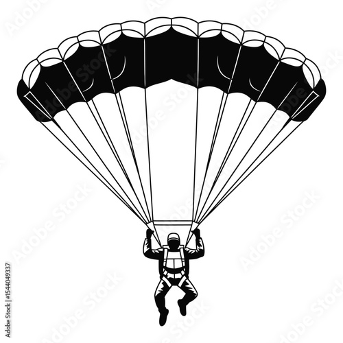 Parachutist silhouette under canopy isolated on white background