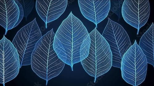 Ethereal foliage: Luminous blue leaf structures dancing in a digital space