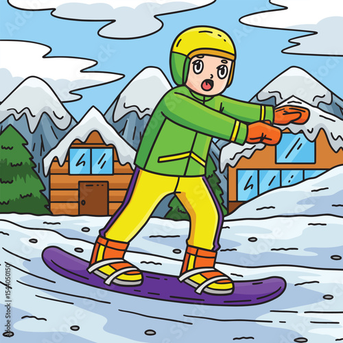 Snowboarding Boy Balancing Colored Cartoon 