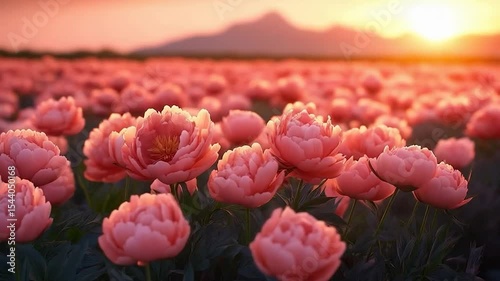 A field of vibrant coral-pink peonies at sunset