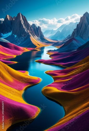 The mountain has a river that flows through the colorful landscape
