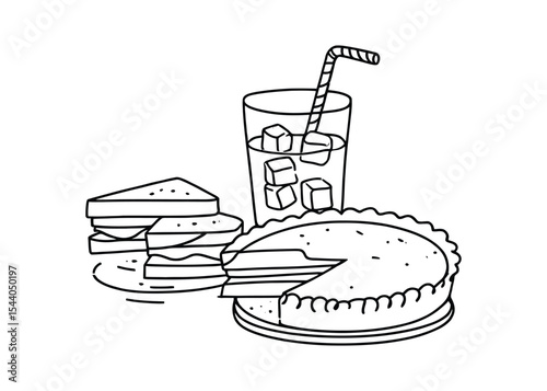 Delicious Lunch Break Sandwiches, Pie, and Iced Drink Illustration