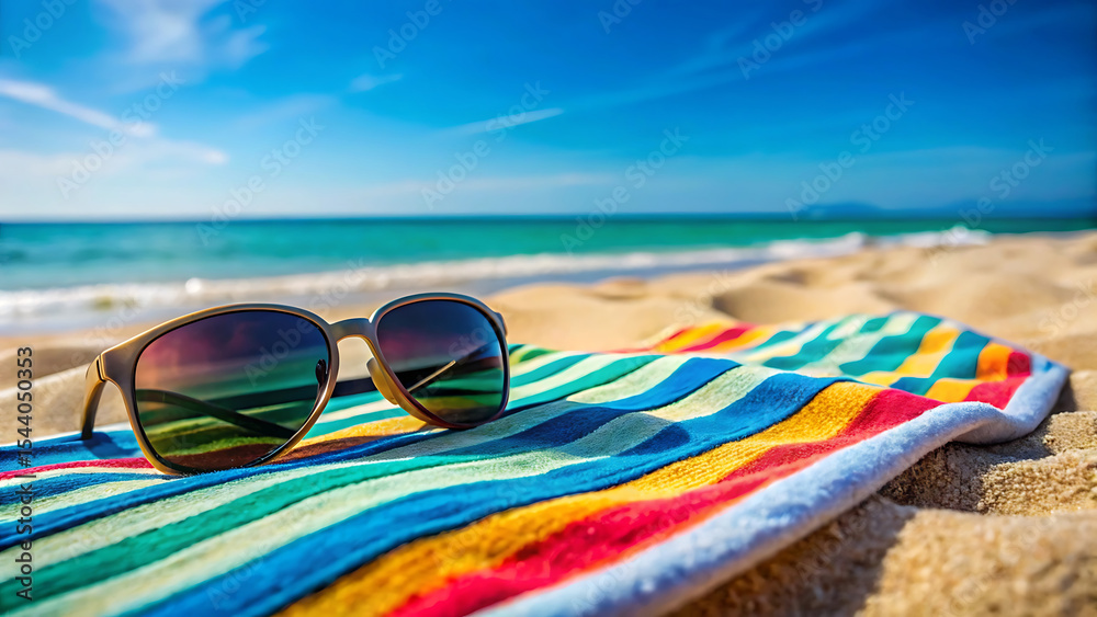Colorful Striped Beach Towel and Brown Sunglasses Resting on Sandy Beach Sunny Day Colorful Striped Beach Towel and Brown Sunglasses Resting on Sandy Beach Sunny Day