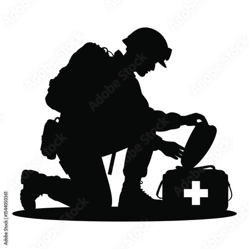 Soldier medic silhouette kneeling first aid kit isolated on white background