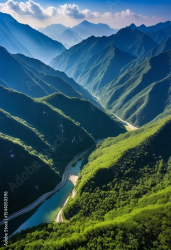 A river runs through the blue sky on the mountain