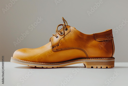 High-resolution safety work boots, yellow-brown leather, white background