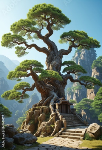 A tree grows on a rock on the mountain