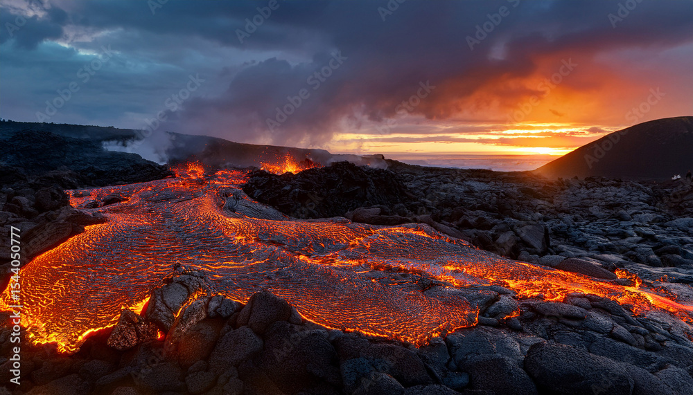 Fototapeta premium a captivating image of glowing embers and flowing lava over dark stones the interplay of light and shadows creates an intense atmospheric scene evoking nature s raw power