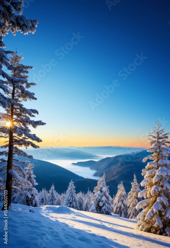 The snow trees of the mountain give a view of the valley below