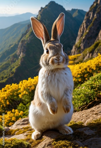 There's a rabbit sitting on a rock on a mountain