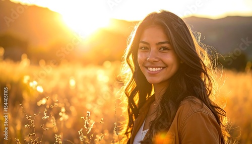 Fototapeta Naklejka Na Ścianę i Meble -  Woman smiling sunset field.