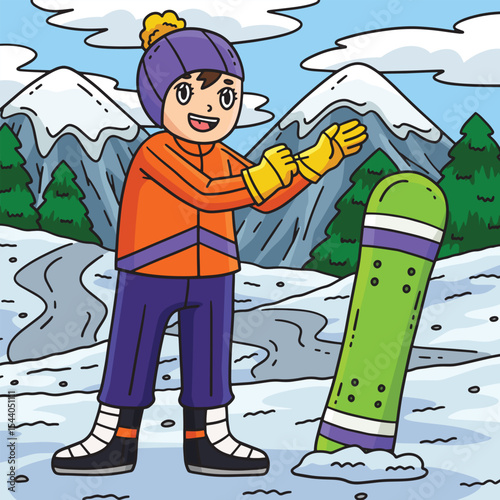 Snowboarding Girl Wearing Gloves Colored Cartoon 