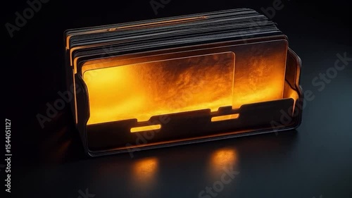 Dark metal box with glowing interior, holding many flat objects