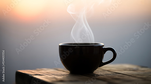 A steaming cup of coffee sitting on a wooden surface with a blurred sky back