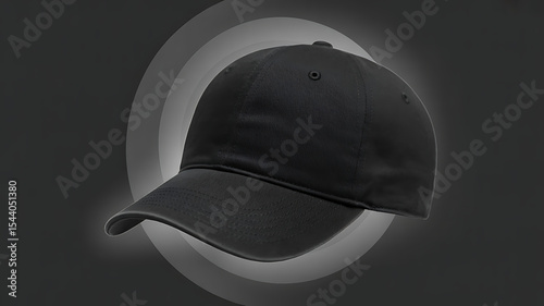 A close up of a black baseball cap against a gray circular background